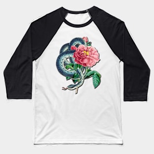 Vintage Coiling Blue Tree Snake and Pink Roses Baseball T-Shirt